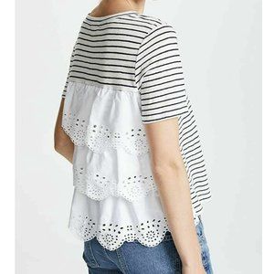 Women Linen T Shirt New Small Striped Top Short Sleeve Cotton Eyelet Joie Mikiyo